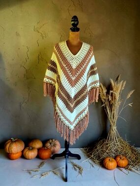 Fringed V-Neck BOHO Crochet Poncho Sweater in Cream and Brown